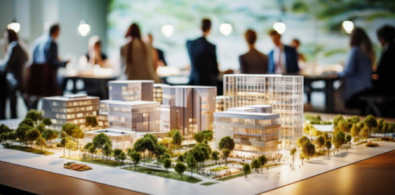 Closeup of a downtown commercial area mockup with a group of commercial architects hard at work in the background.